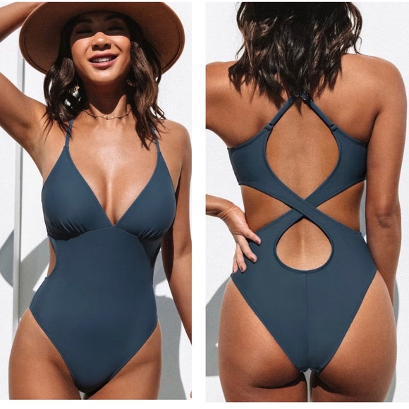 Cupshe Swim Cupshe Teal Blue Cut Out Cross Back One Piece Swimsuit